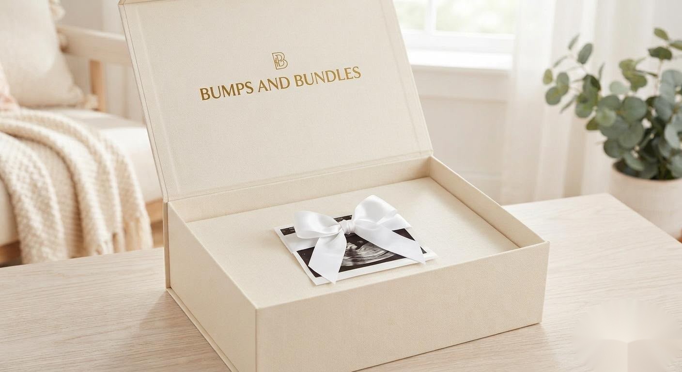 An open Bumps and Bundles gift box holding an ultrasound photograph tied with a white bow